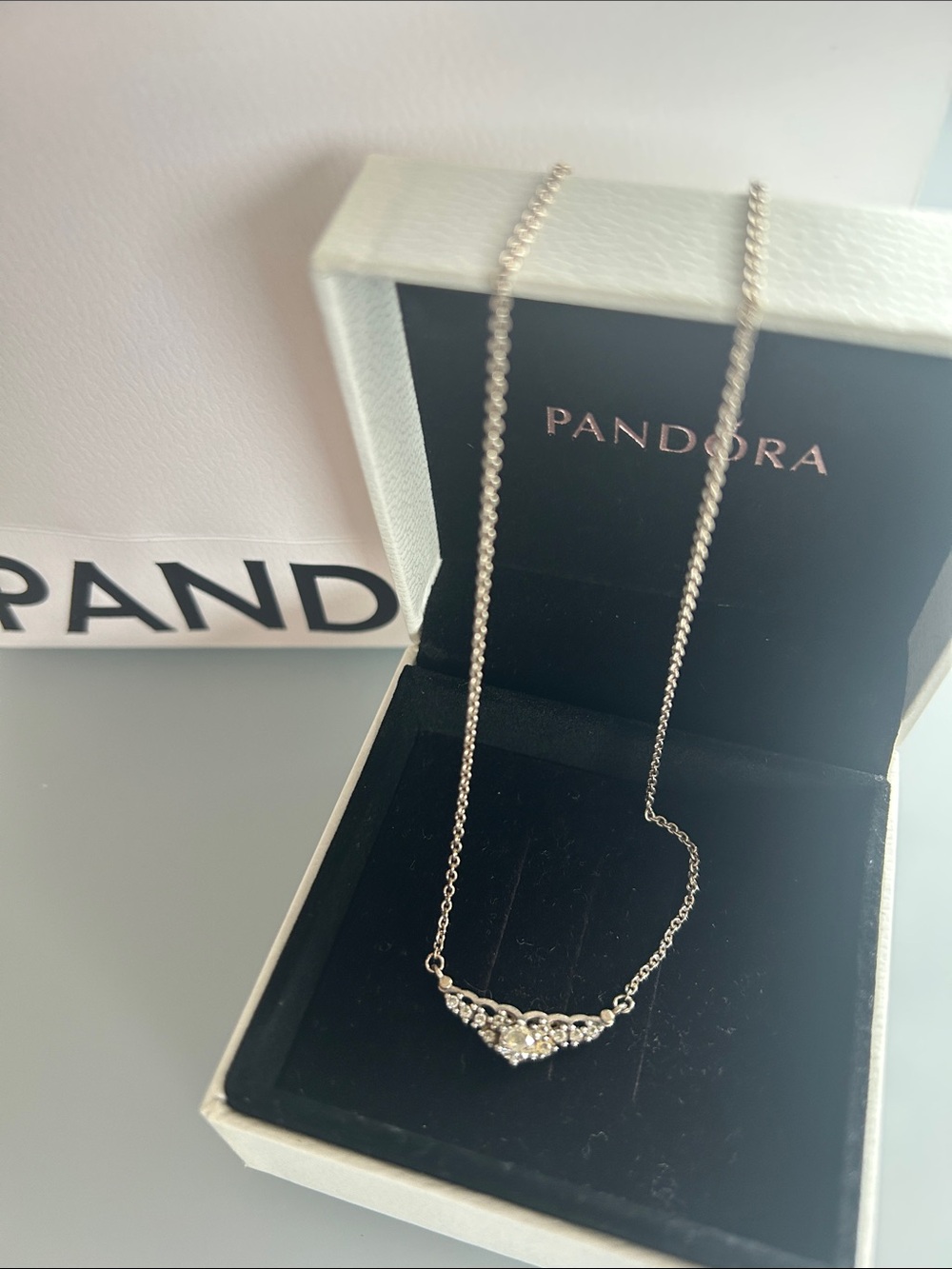 Pandora Silver Heart Pendant Necklace with Clear Stones